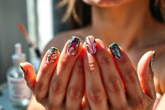 Mains avec des faux ongles élégants et colorés en gel