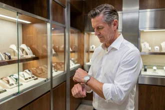 Homme examinant une montre Rolex en acier dans une boutique horlogère suisse haut de gamme
