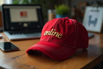Casquette rouge brodée de lettres dorées posée sur un bureau en bois à côté d'un ordinateur portable affichant une page d'achat en ligne