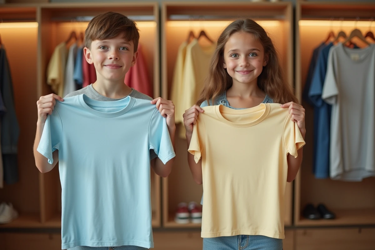 Deux adolescents tenant des t-shirts dans un magasin de vêtements
