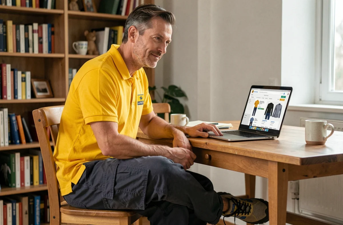 Agent La Poste en uniforme commandant ses tenues professionnelles en ligne depuis son domicile sur un ordinateur portable