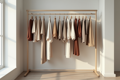 Armoire capsule avec vêtements neutres et lumière naturelle