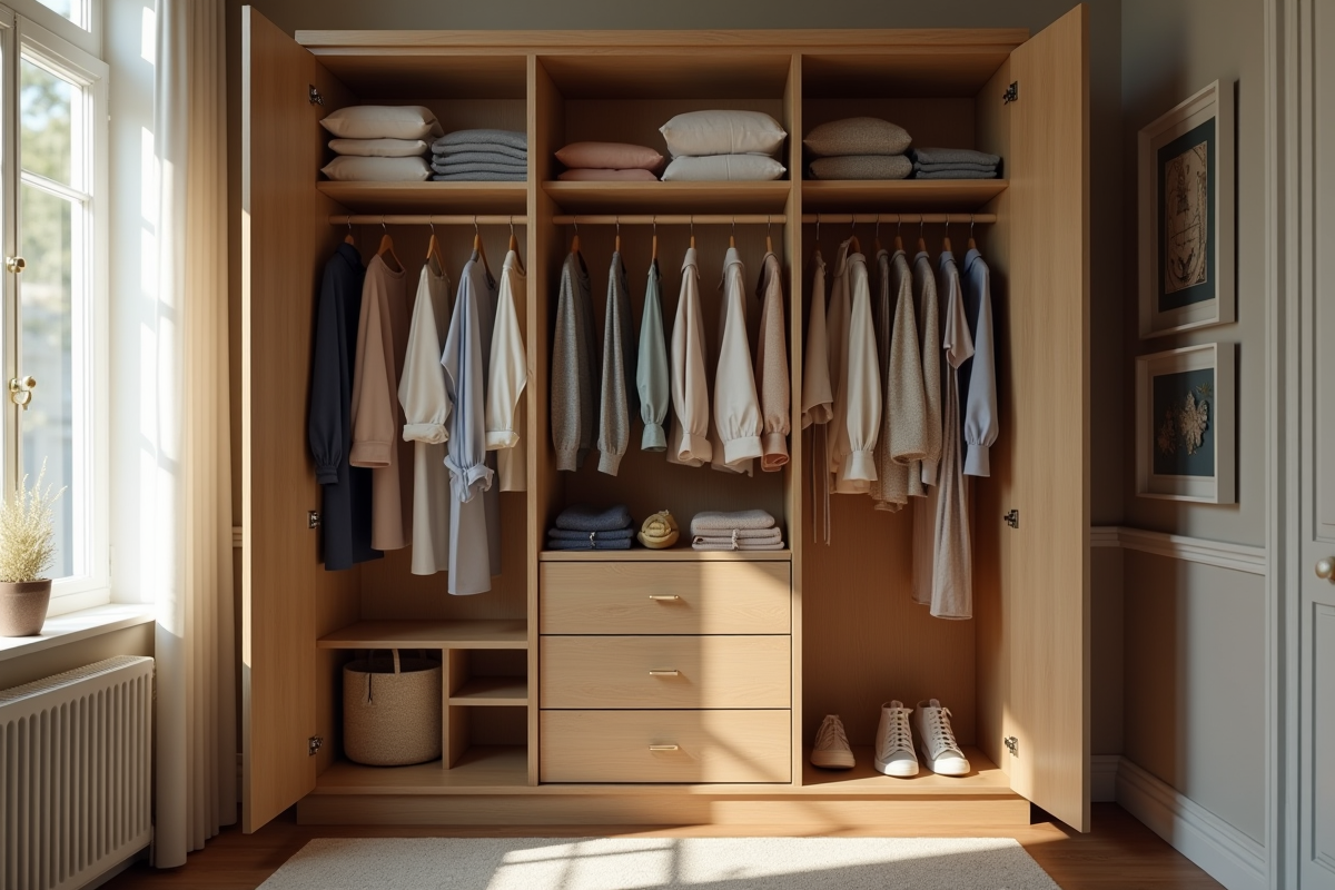 Armoire organisee avec vetements colorés et textures