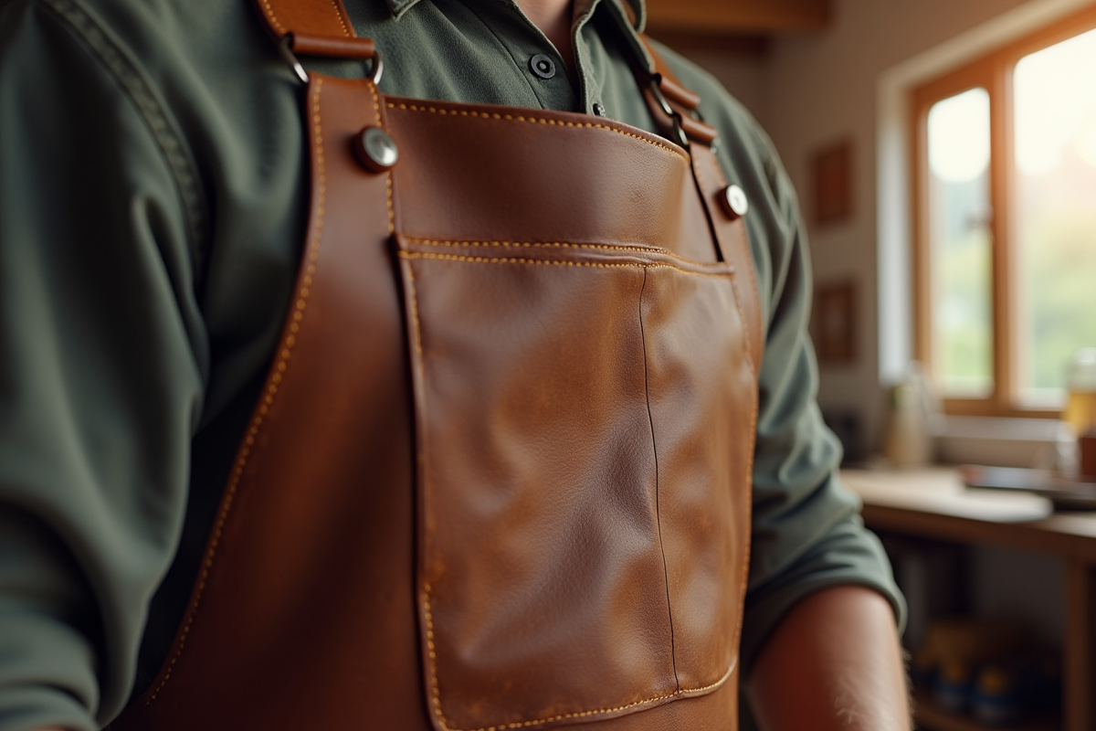 Artisan en atelier portant un tablier en cuir brun avec texture détaillée