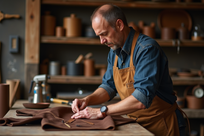 Artisan cuir appliquant un conditionneur sur une veste en cuir usée