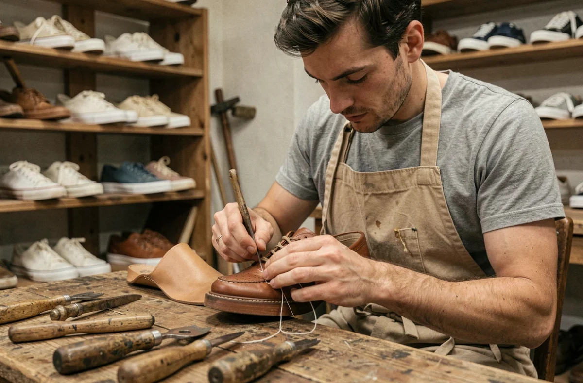 Artisan cordonnier français cousant à la main une basket en cuir dans un atelier traditionnel avec des paires finies sur des étagères en bois