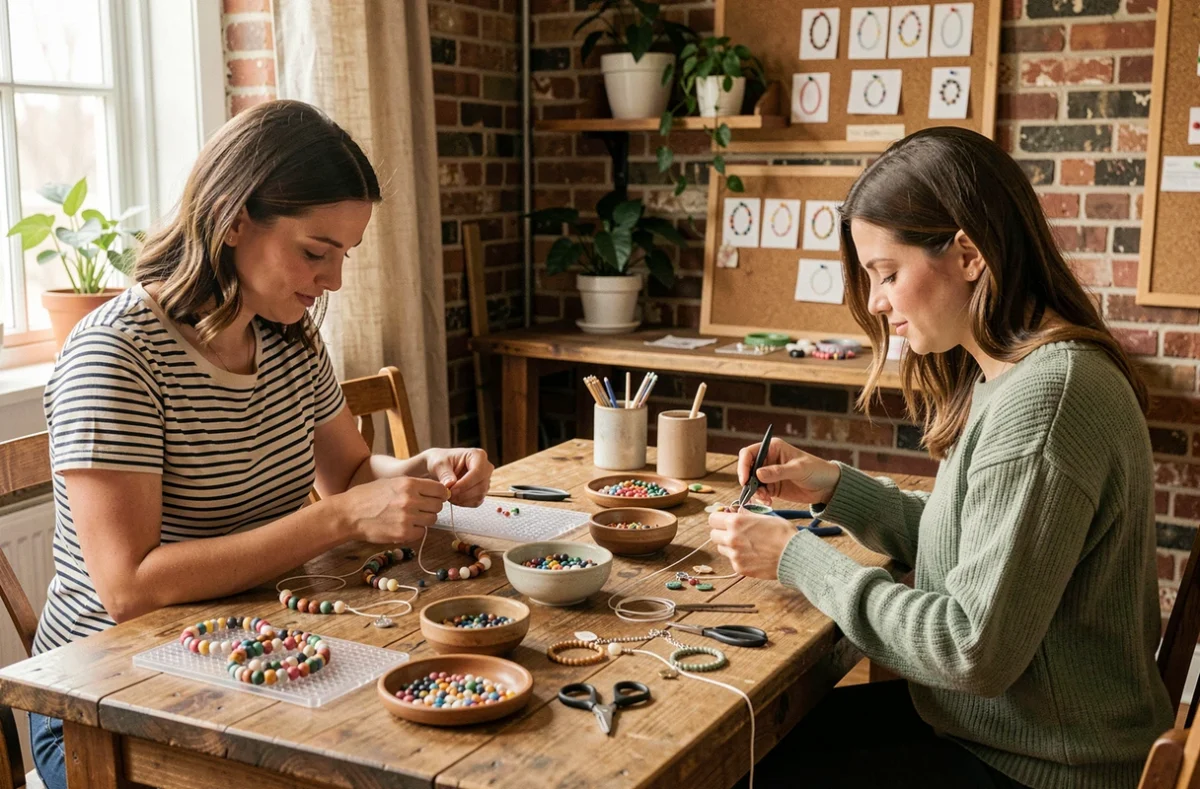 Deux femmes participant à un atelier DIY de fabrication de bracelets avec kit bijoux complet