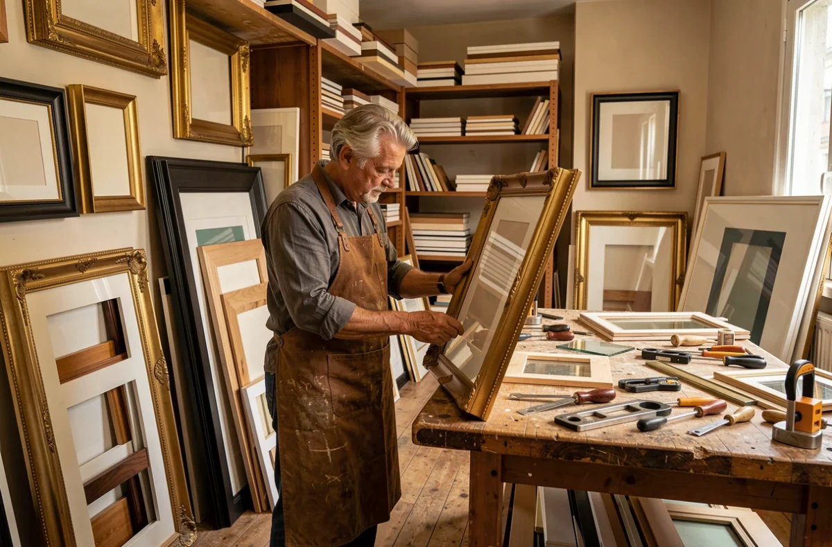 Atelier Glaz à Montrouge, maître encadreur au travail sur un cadre doré dans son atelier artisanal
