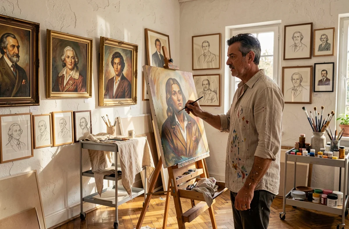 Atelier Portrait de Rémy Portrait à Courbevoie, portraitiste peignant une œuvre à l'huile dans son atelier