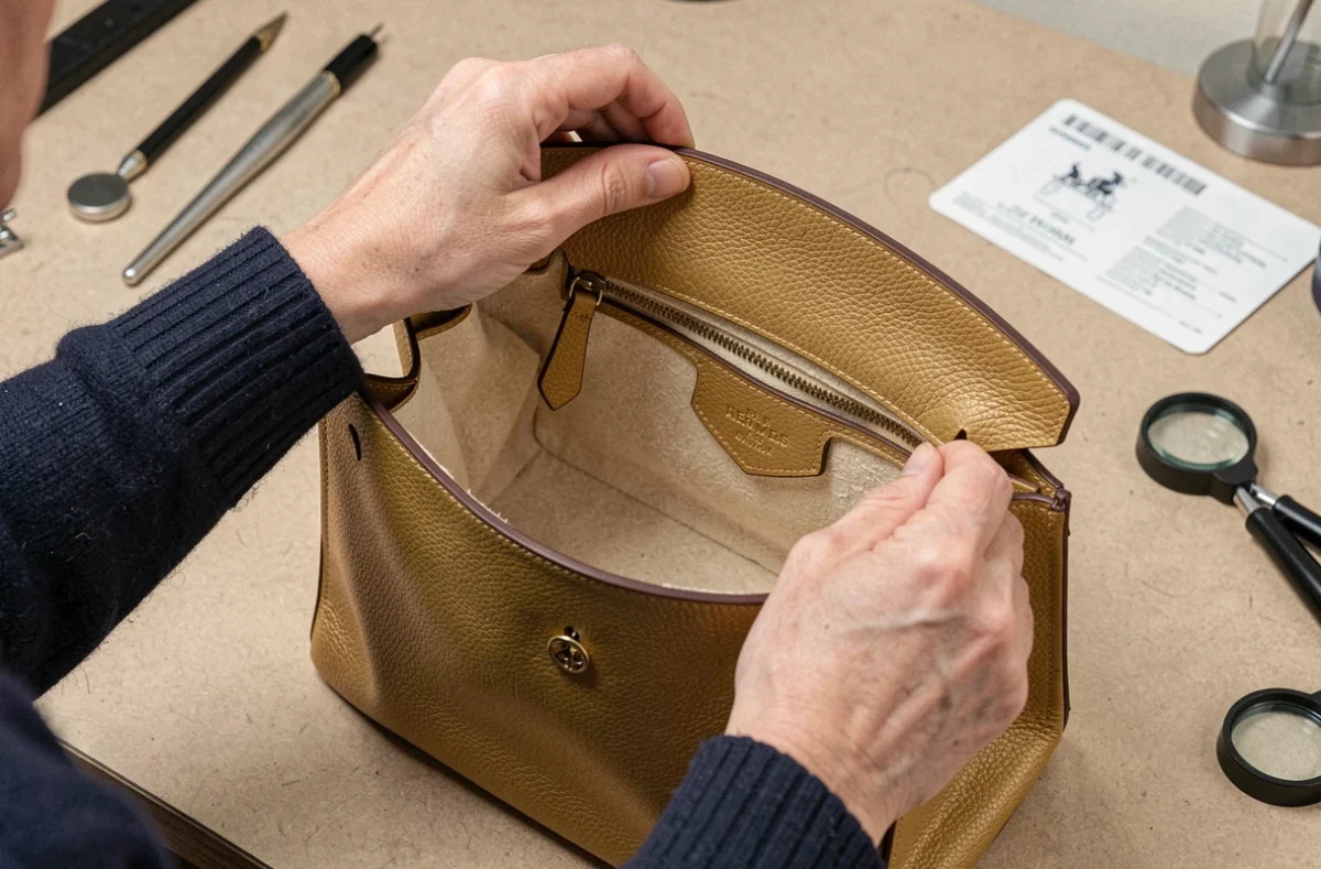 Experte examinant l'intérieur d'un sac Hermès Birkin 30 en Clémence gold, vérification de la doublure chèvre et de la poche zippée