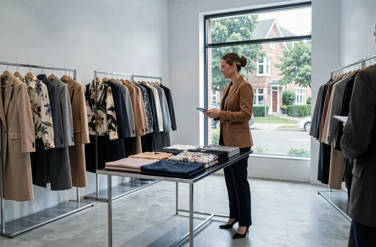 Boutique AWE à Saint-Cloud avec sélection de prêt-à-porter créateur contemporain sur portants minimalistes