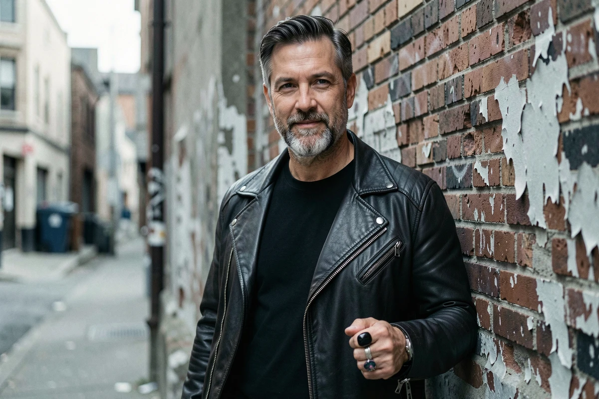Homme barbu en veste en cuir avec une bague noire à l'auriculaire dans une ruelle urbaine, style rebelle assumé