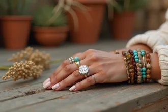 Main de femme portant une bague chevalière en argent gravée de motifs floraux dans un style bohème, avec bracelets superposés et fond rustique en bois patiné