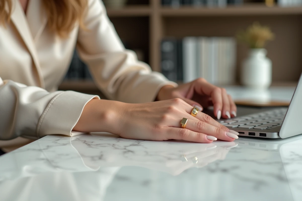 Femme élégante portant une bague chevalière dorée minimaliste sur l'index, posant les mains sur un bureau en marbre dans un bureau parisien moderne, style chic