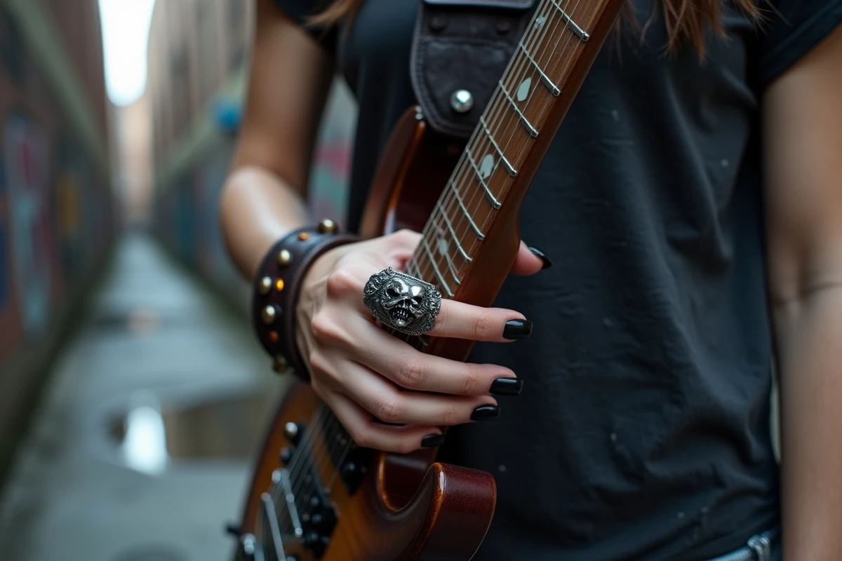 Jeune femme rock portant une bague chevalière en argent noirci avec motif tête de mort, tenant le manche d'une guitare électrique devant un mur de graffitis urbains