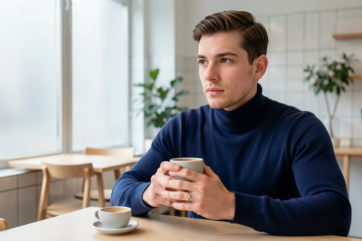 Jeune homme en col roulé marine portant une bague dorée à l'auriculaire dans un café scandinave moderne