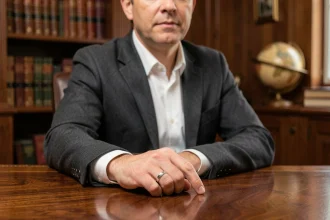Homme élégant en blazer gris portant une bague à l'auriculaire gauche, posé sur un bureau en bois dans un bureau raffiné