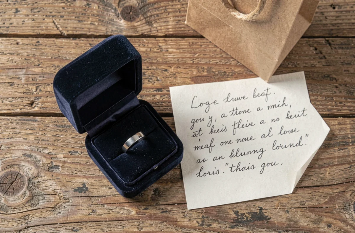 Bague photo projection dans un écrin en velours bleu marine sur table en bois rustique, entourée d'une note manuscrite, idée cadeau romantique