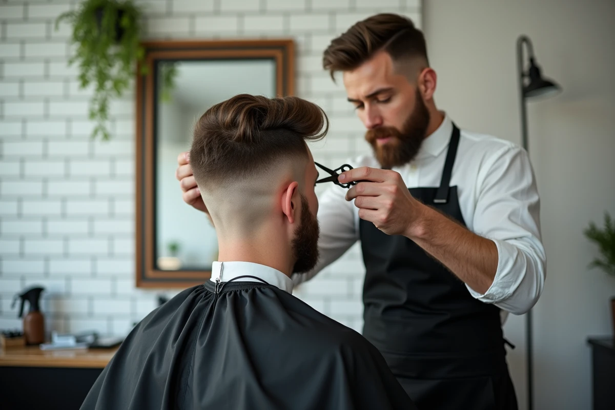 Barbier professionnel coupant la longueur du dessus de la tête pour réaliser une coupe casquette précise au ciseau