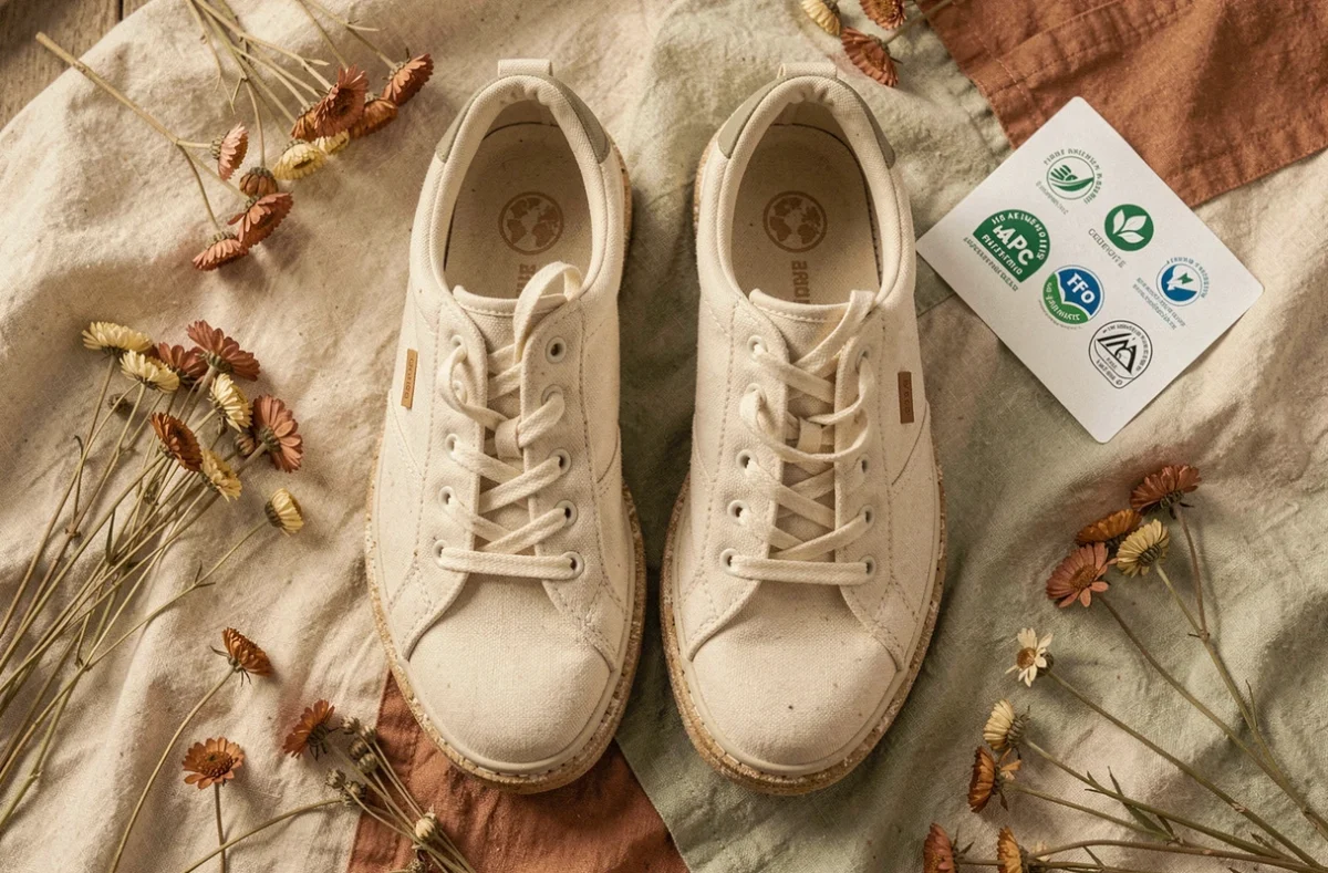 Flat lay de baskets françaises éco-responsables posées sur du coton bio et des fleurs séchées, illustrant la mode durable et locale