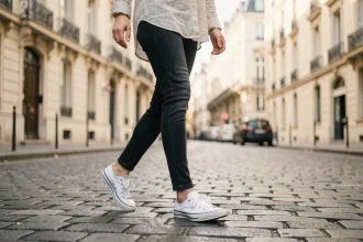 Femme portant des baskets françaises blanches en toile marchant sur des pavés parisiens, style éditorial naturaliste