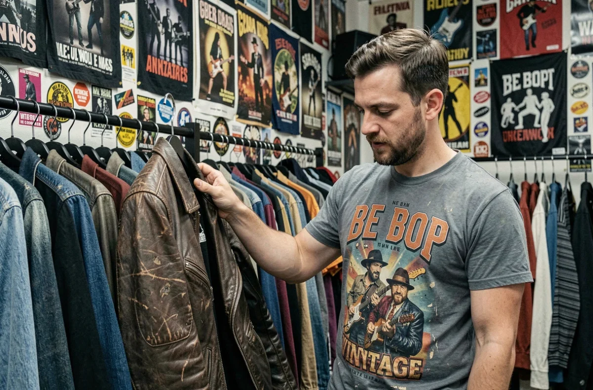 Intérieur de Be Bop Vintage avec des vestes en cuir et des t-shirts de groupes sur des portants noirs