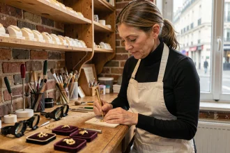 Bijoutière gravant un pendentif en or dans son atelier artisanal parisien