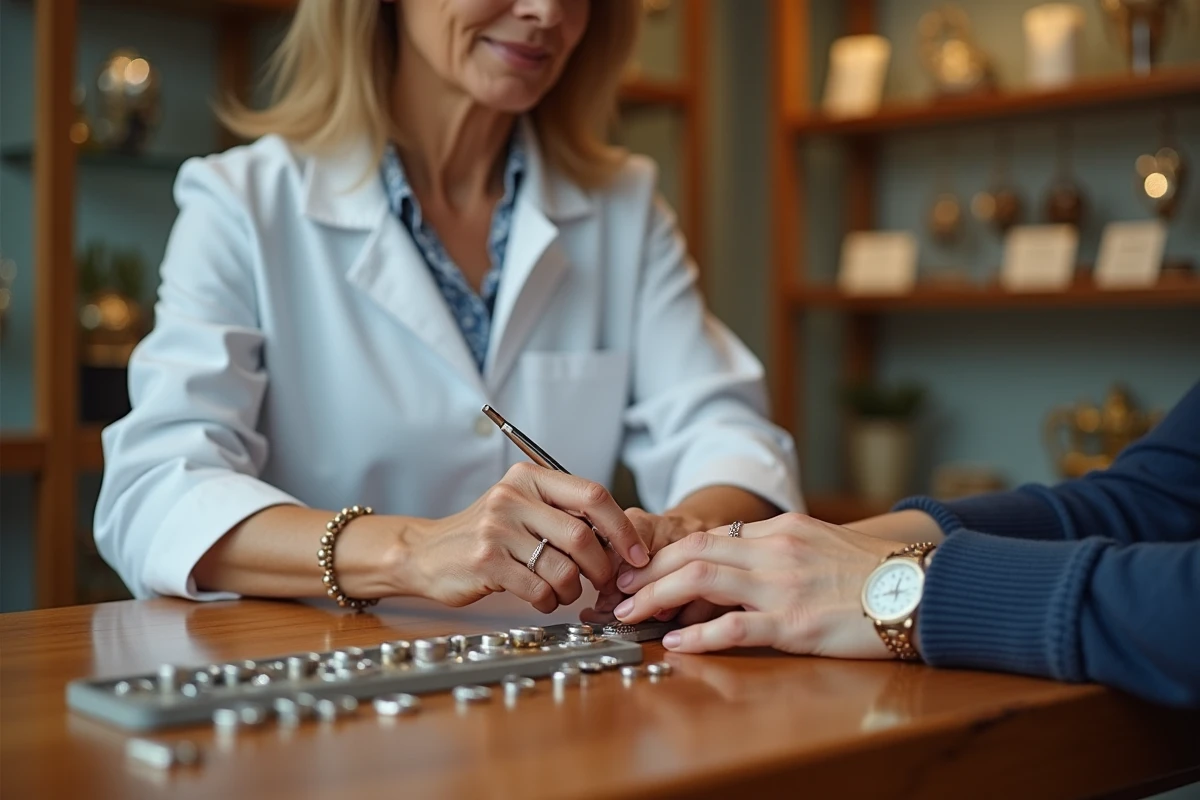 Bijoutière mesurant le tour de doigt d'un client avec un outil de mesure professionnel