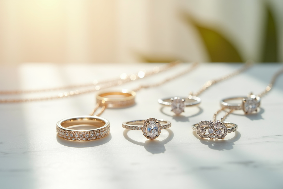 Assortiment de bijoux fins en or et argent sur marbre blanc