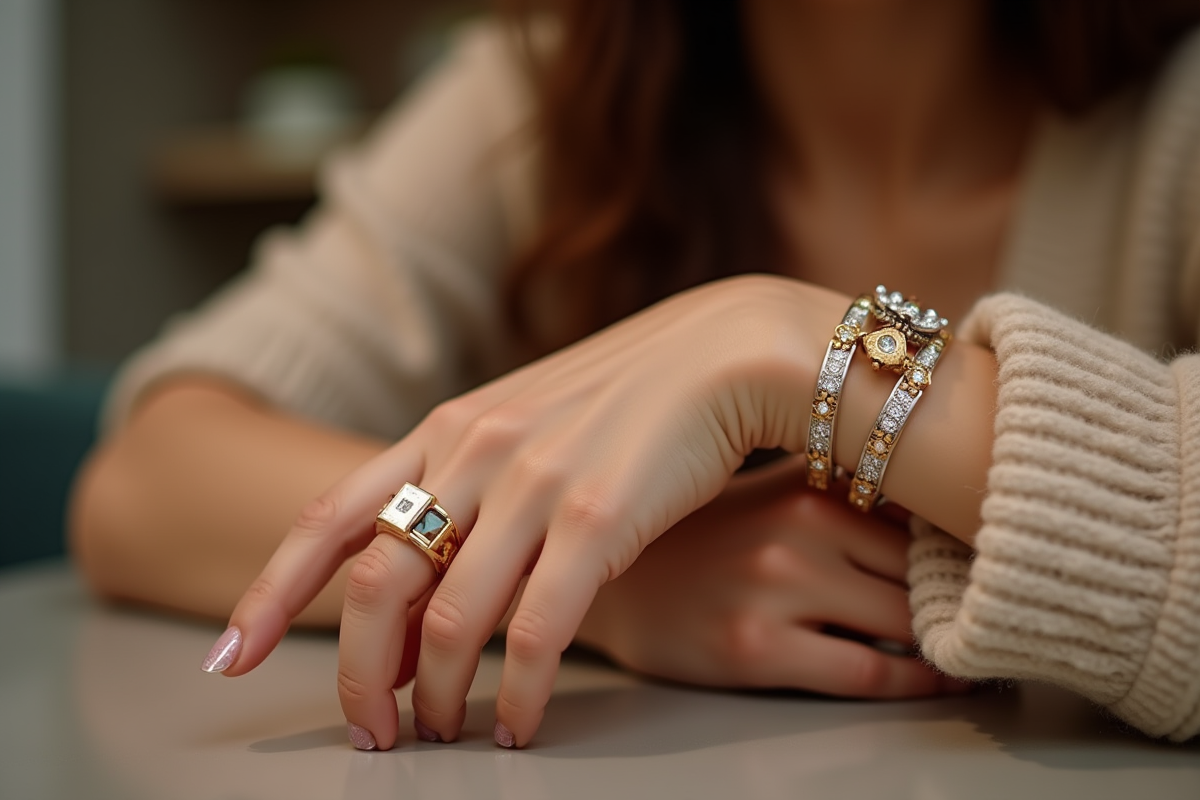 Bijoux tendance portés sur une main dans une boutique chaleureuse