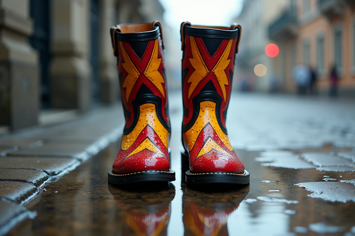 Bottes en cuir peintes à la main avec protection imperméable sous la pluie, gouttelettes d'eau sur la surface