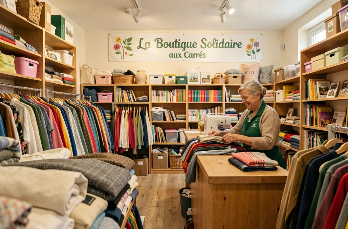La Boutique solidaire aux Carrés avec des vêtements et objets de seconde main et une bénévole souriante