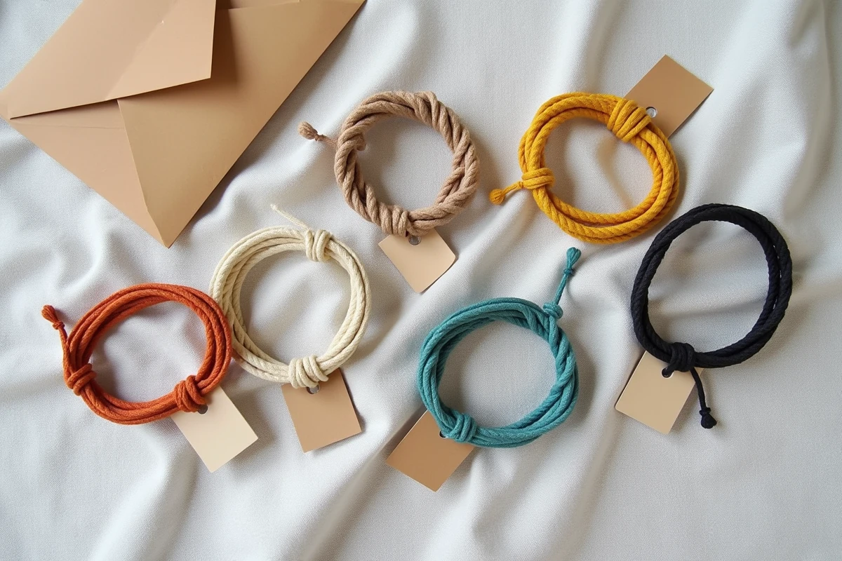 Assortiment de bracelets cordon tressés et en macramé disposés en flat lay sur tissu lin gris avec étiquettes de prix