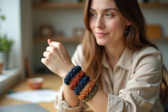 Jeune femme portant plusieurs bracelets cordon colorés en lin et coton sur son poignet, examinés de près dans un intérieur en bois chaleureux
