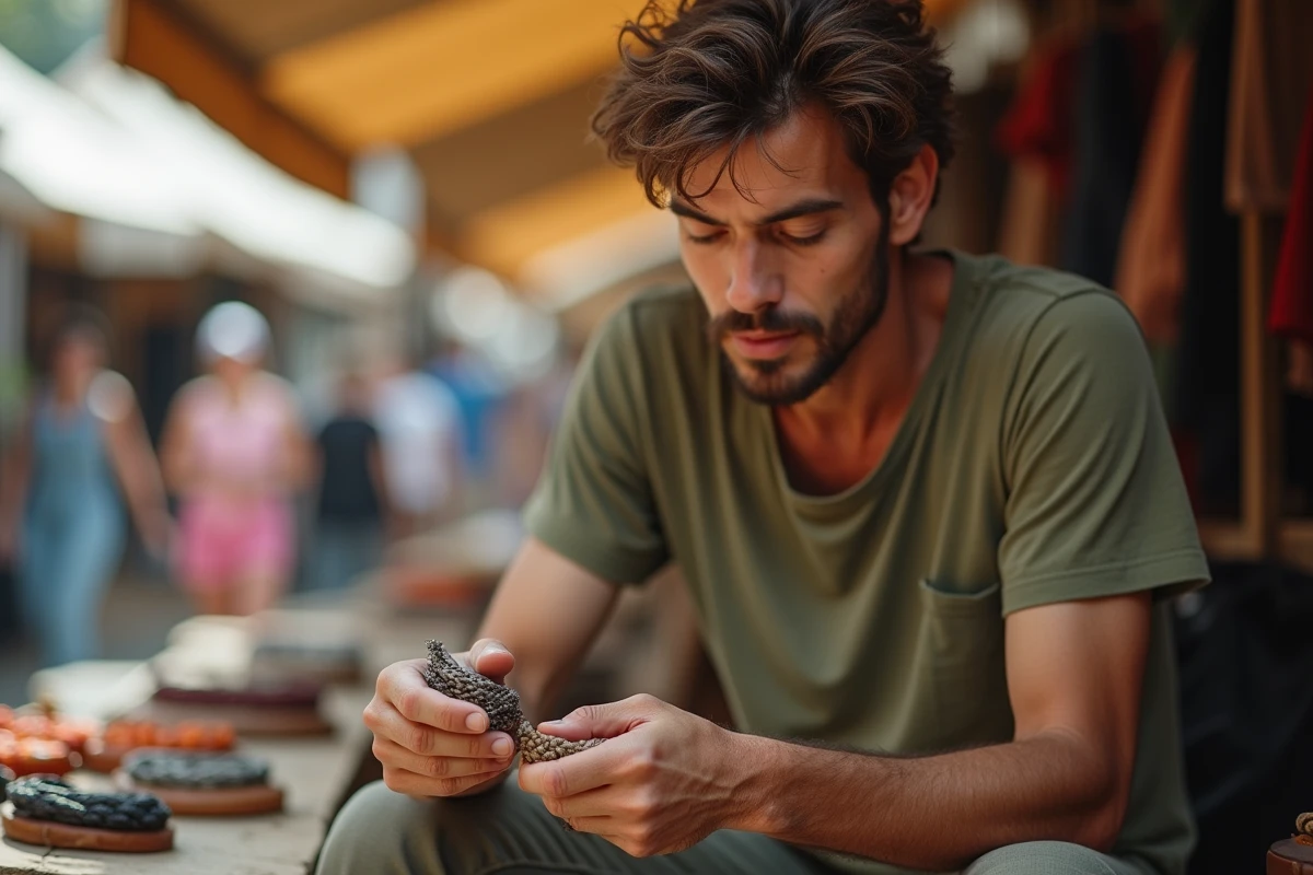 Homme comparant deux bracelets cordon artisanaux dans les mains lors d'une visite à un marché de créateurs en plein air