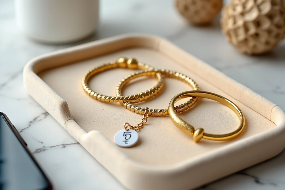 Bracelets en or sur plateau de bijouterie avec étiquettes de prix pour comparer les offres