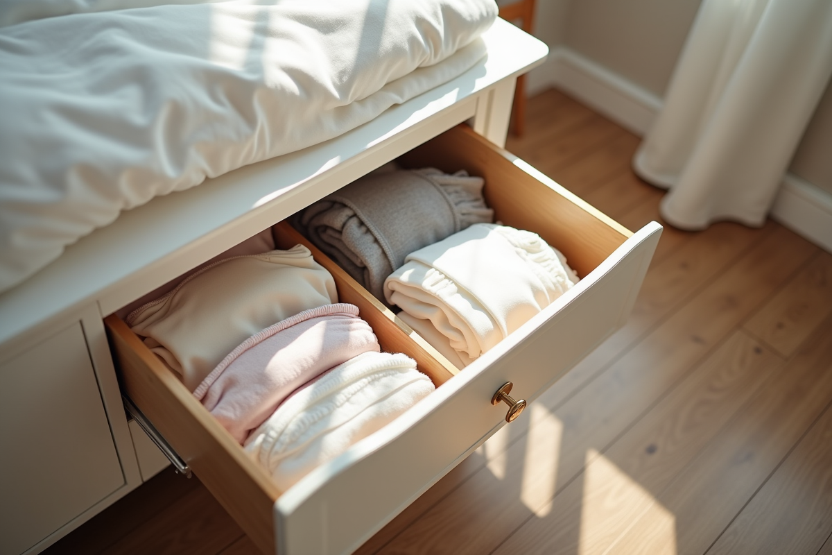 Intérieur de chambre moderne avec tiroir contenant lingerie pliée