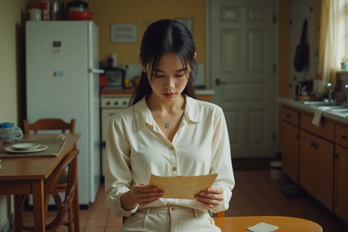 Femme tenant une vieille lettre dans une cuisine familiale modeste, évoquant l'histoire personnelle et les origines de Charla Carter