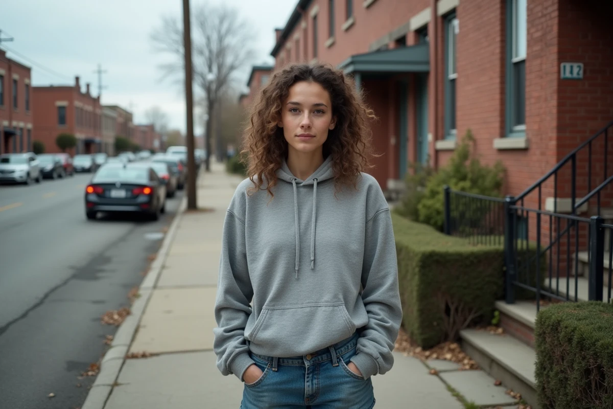 Femme debout devant une maison de quartier populaire évoquant les origines modestes de Charla Carter avant sa célébrité