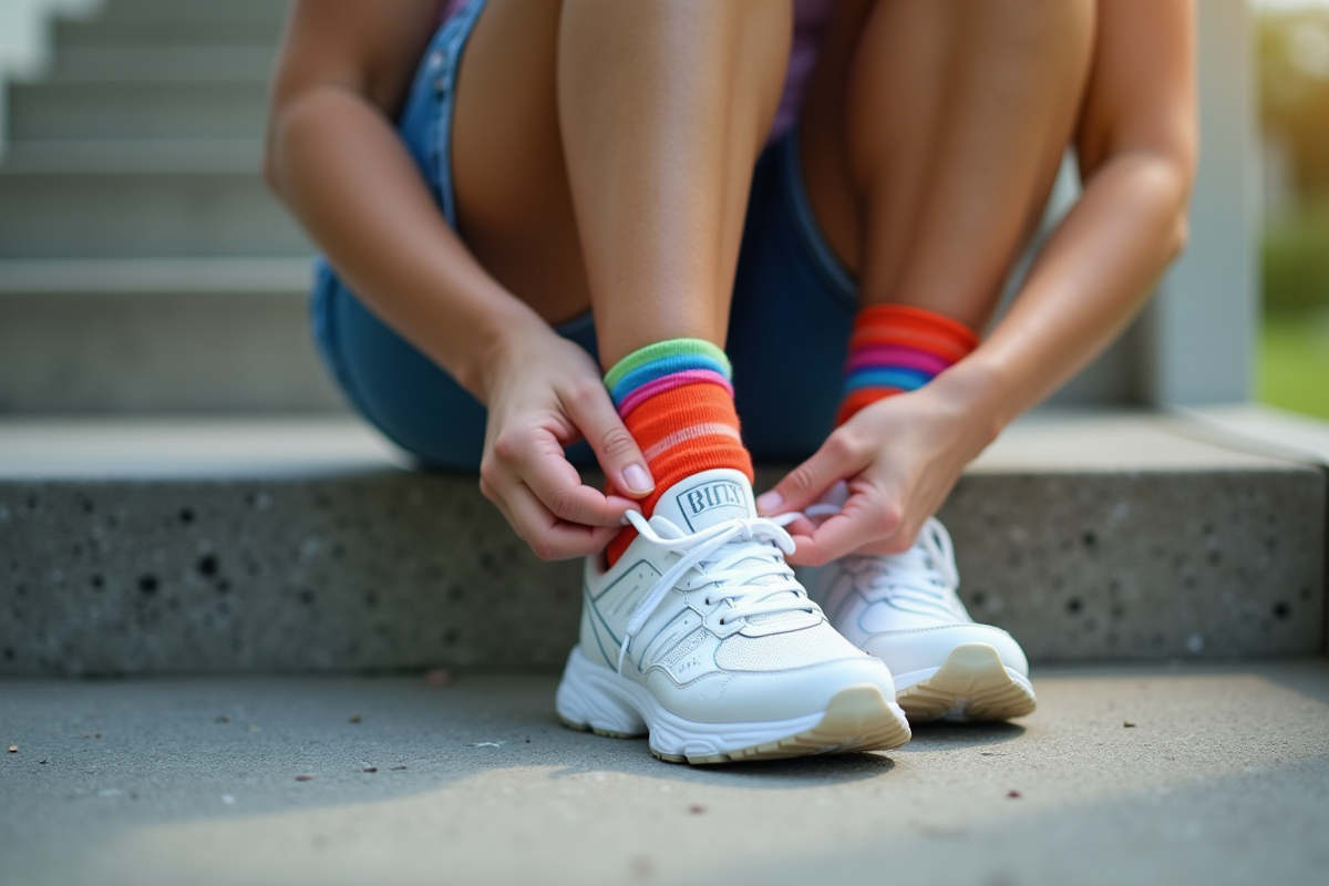 Personne assise sur des marches en beton en train de lacer des sneakers blanches avec chaussettes colorées