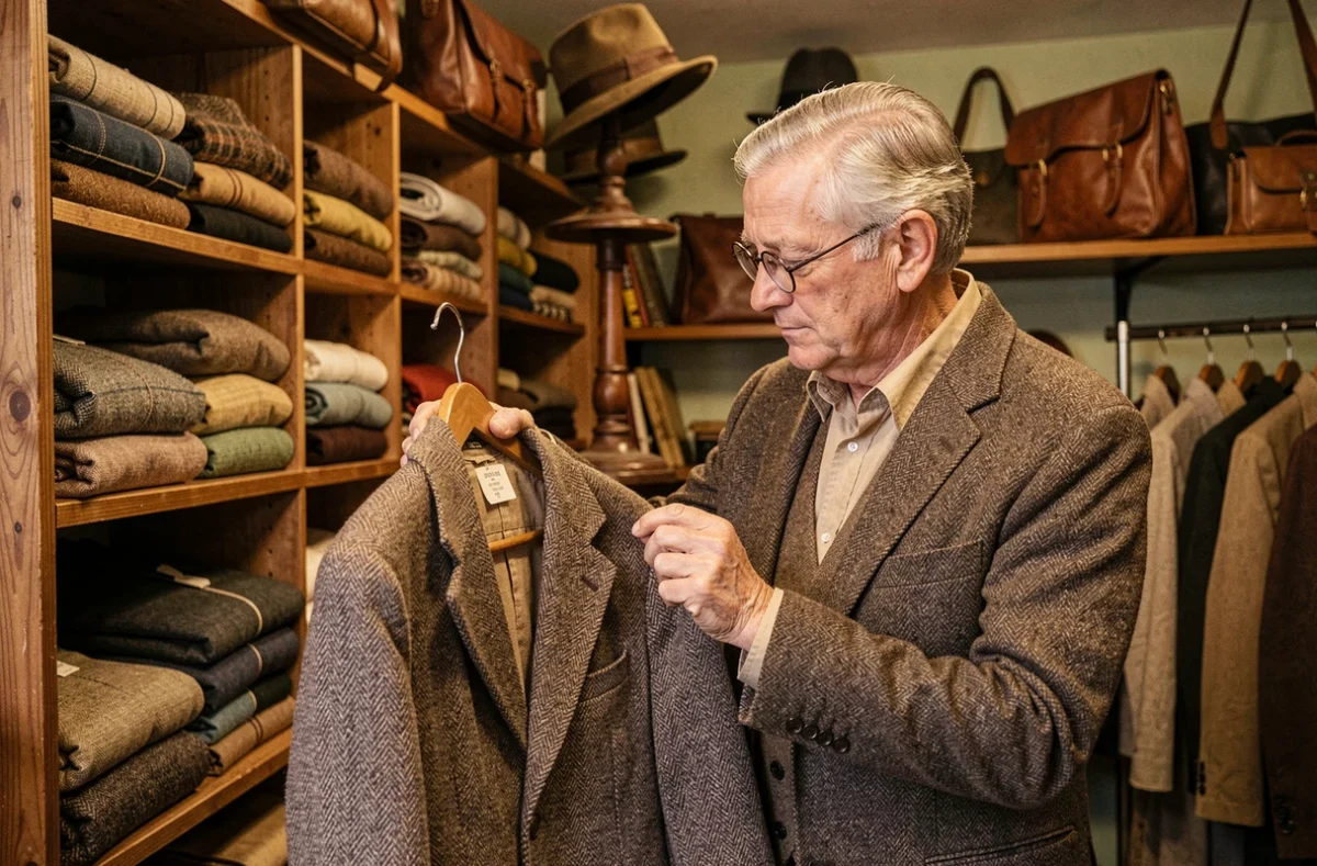 Boutique Chez Henry avec des vêtements vintage pliés, des chapeaux anciens et des sacs en cuir