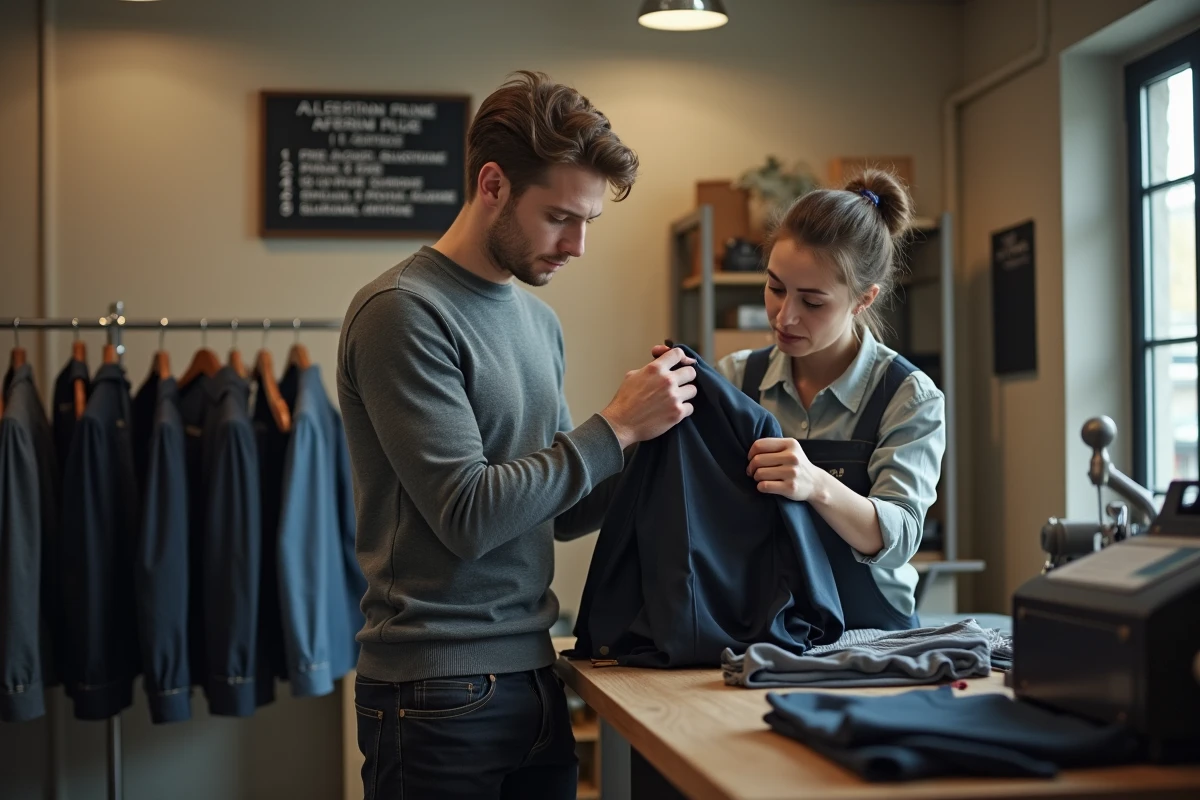 Client déposant une veste de costume dans une boutique de retouche pour estimation du tarif d'altération