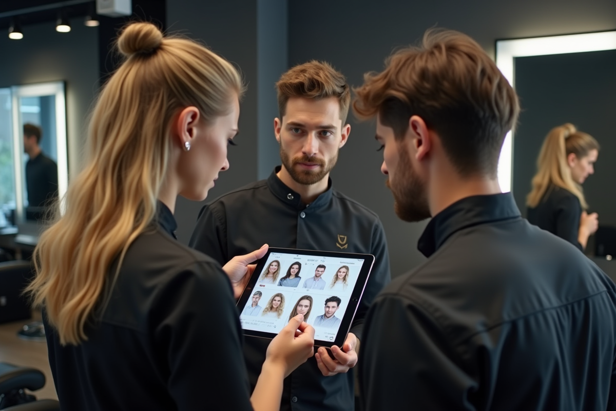 Coiffeur et cliente discutant avec une tablette dans un salon moderne