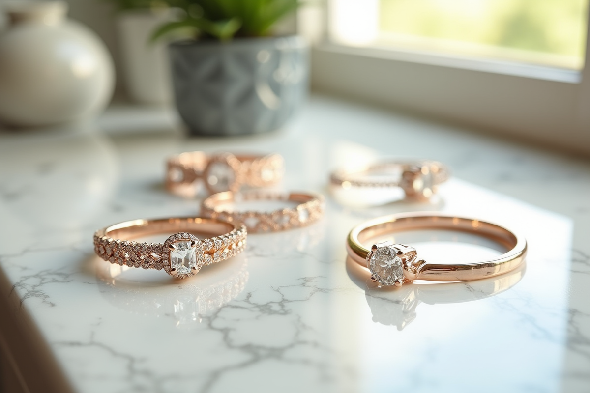 Collection de bijoux de luxe sur marbre blanc lumineux