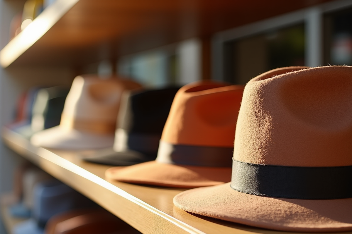 Collection de chapeaux élégants en couleurs variées sur une étagère en boutique