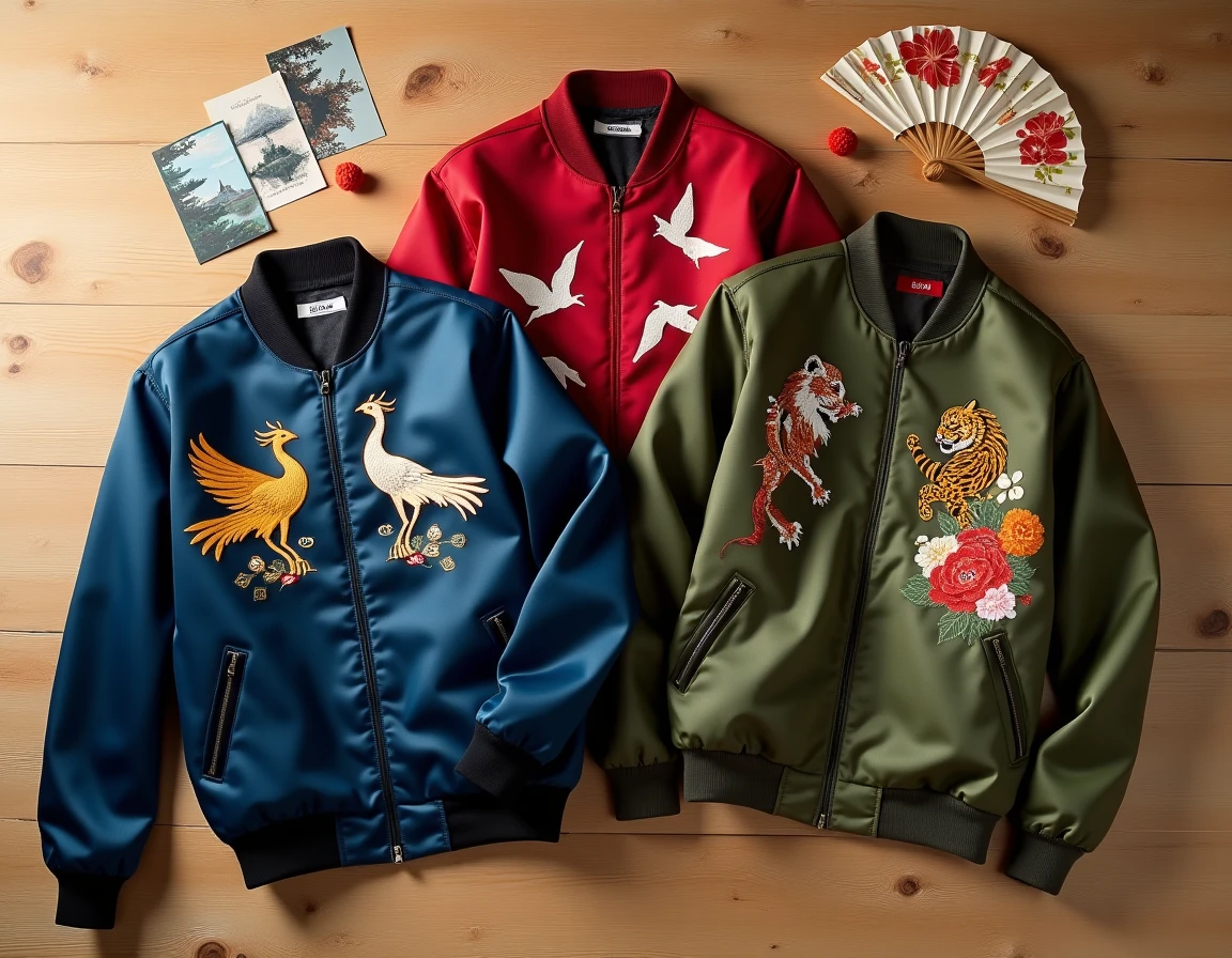 Trois vestes souvenir japonaises dépliées en flat lay avec broderies phoenix, grue et tigre sur fond de bois clair