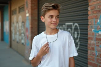 Adolescent garçon portant un collier chaîne argent fin en milieu urbain, style décontracté et abordable