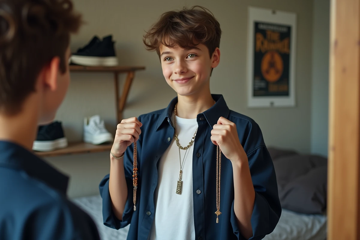 Jeune garçon comparant deux colliers tendance dans sa chambre, bijoux abordables et stylés pour ado