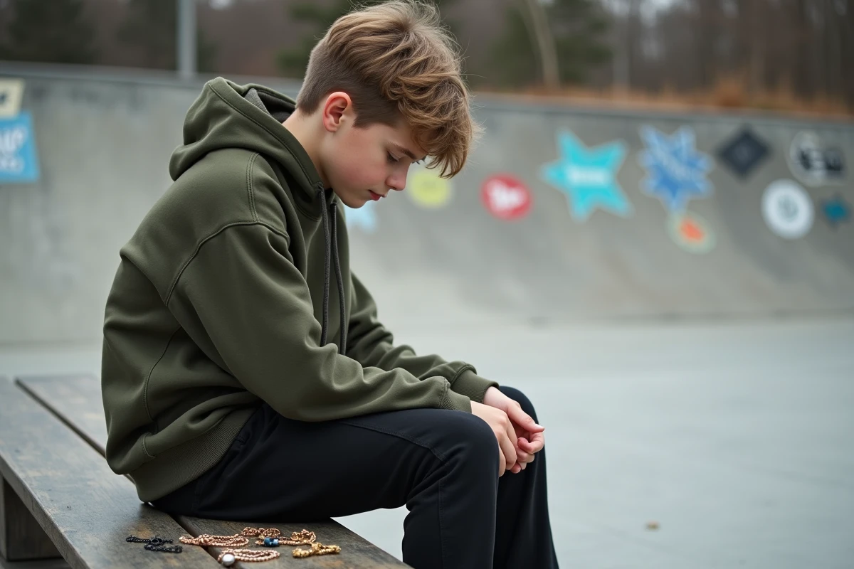 Ado garçon choisissant un collier pas cher dans un skatepark, collection de bijoux tendance pour adolescents