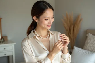 Femme tenant un collier de perles blanches élégant, idéal comme cadeau de fiançailles